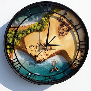 Moss Wood Wall Clock, Metal and Wooden Wall Clock, Wooden Wall Clock & Moss Wall Art, Epoxy Resin Clock, Preserved Stabilized Moss