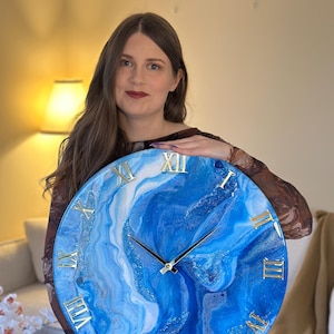 Bright blue marble epoxy resin art clock, ocean clock, nautical resin decor, epoxy resin clock, birthday gift, family decor, wavy sea mantle