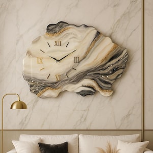 Epoxy Resin Wall Clock – Large Handmade Wall Clock with Gold and Grey Marble Design, Modern Geode Statement Decor